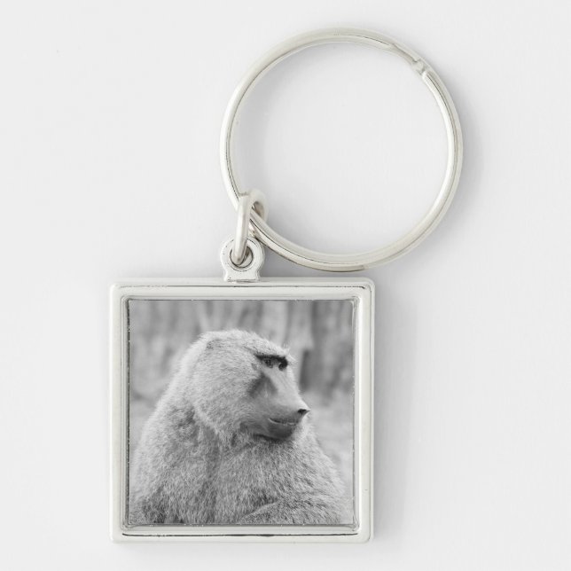 Afrikansk baboon fyrkantig silverfärgad nyckelring (Framsidan)