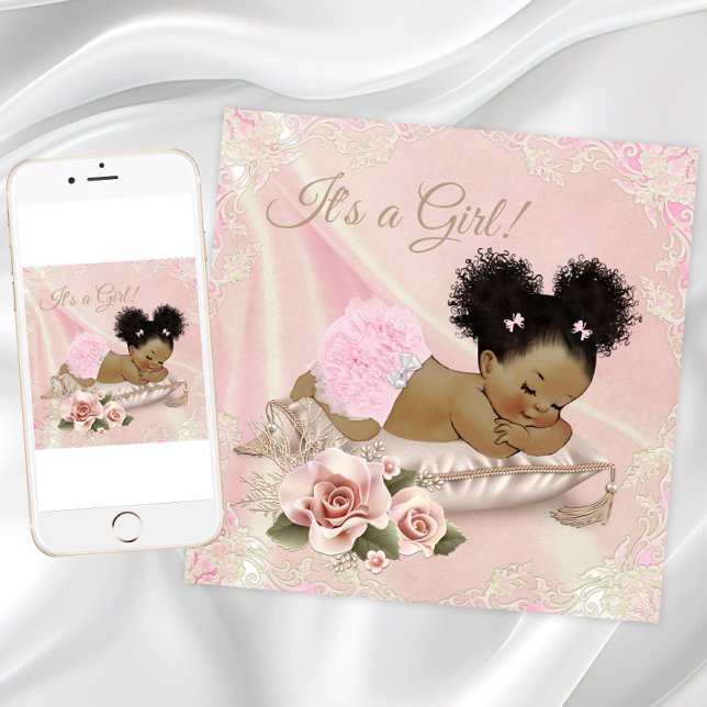  afrikansk babystötare inbjudningar (Blush pink baby shower invitation with African baby girl on a pretty pillow and lace background.)