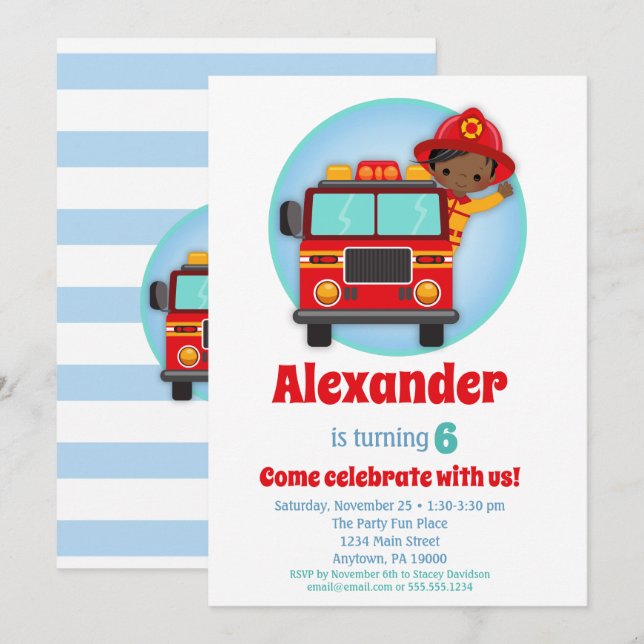 Afrikansk boys Firefighter Birthday Inbjudningar (Fram/baksida)