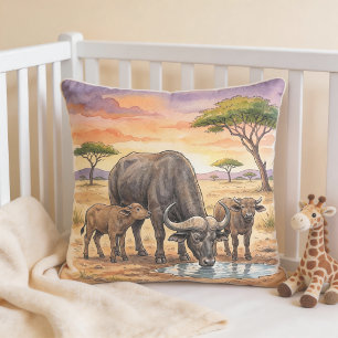 Afrikansk buffelmamma och kalvar Safari-djur  Kudde