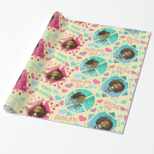 Afrikansk Chibi Girls med höjärter på födelsedagen Presentpapper