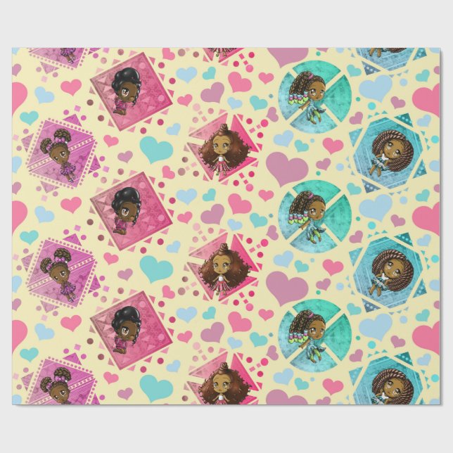 Afrikansk Chibi Girls och Hearts Presentpapper (Platt)