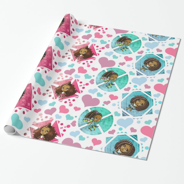 Afrikansk chibi Girls Wrapping Papper Presentpapper (Utrullad)