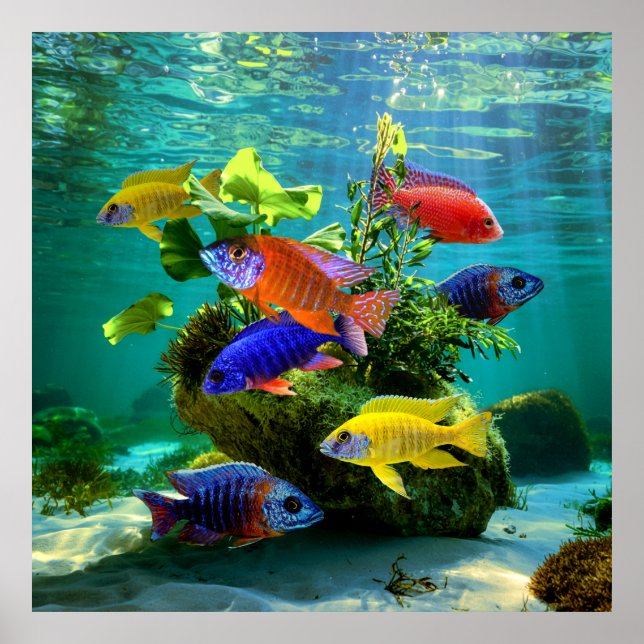 Afrikansk cichlids Peacock Cichlid Aquarium Art Poster (Framsidan)