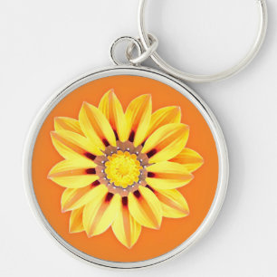 Afrikansk Daisy/Gazania - Orange och Gult Rund Silverfärgad Nyckelring