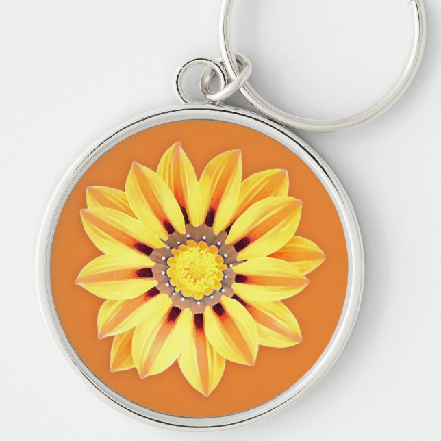 Afrikansk Daisy/Gazania - Orange och Gult Rund Silverfärgad Nyckelring (Framsidan)