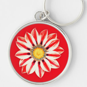 Afrikansk Daisy/Gazania - Röda och vita strimmor Rund Silverfärgad Nyckelring