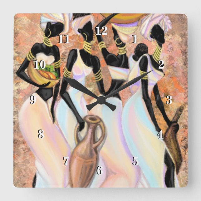 Afrikansk Dam Wall Clock - Art Stil-målning Fyrkantig Klocka (Framsida)
