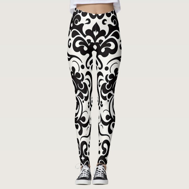 Afrikansk Damask Black White Mönster Leggings (Framsida)
