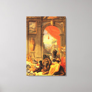 Afrikansk drottning och son med Lejon i Palace Canvastryck