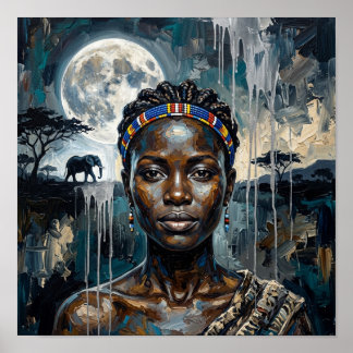 Afrikansk drottningmåne, svart kvinnlig konsttryck poster