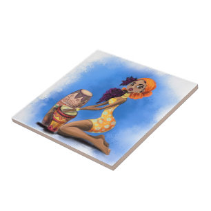 Afrikansk Drummer Girl Ceramic Tile Kakelplatta