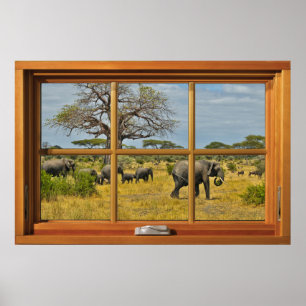 Afrikansk elefant 6 Pane Wooden Window Illusion Poster