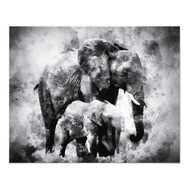 Afrikansk elefant med Calf Black and White Fototryck (Framsidan)