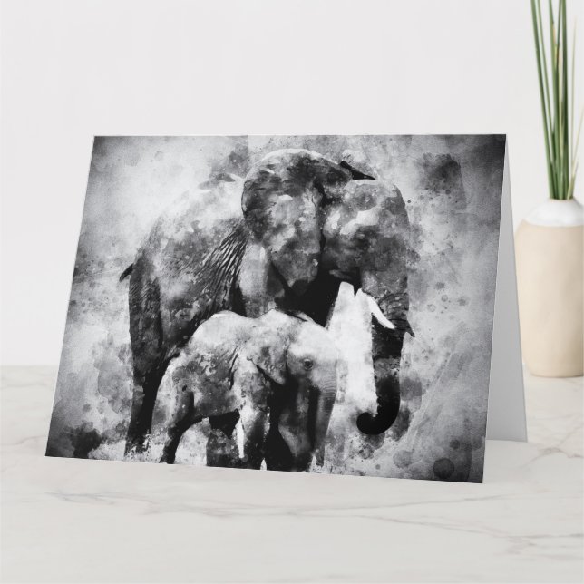 Afrikansk elefant med Calf Black and White Tack Kort (Framsida)