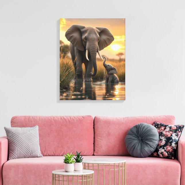 Afrikansk elefant med hennes Baby Calf Canvastryck (Insitu (Vardagsrum))