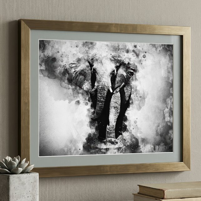 Afrikansk Elefant Svart och Vitt Akvarell Fototryck (African Elephant Black and White Watercolor. Photo Print)