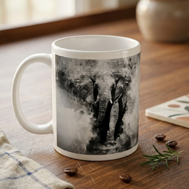 Afrikansk Elefant Svart och Vitt Akvarell Kaffemugg (African Elephant Black and White Watercolor. Coffee Mug)