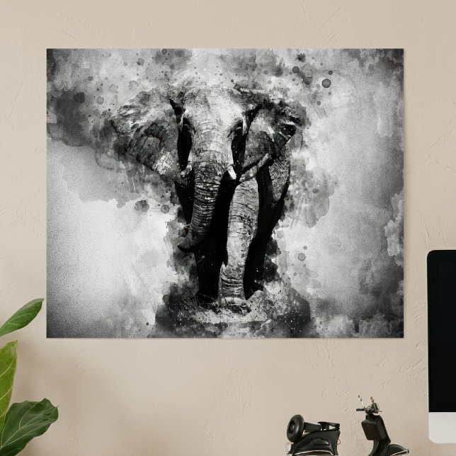 Afrikansk Elefant Svart och Vitt Akvarell Poster (African Elephant Black and White Watercolor. Poster)