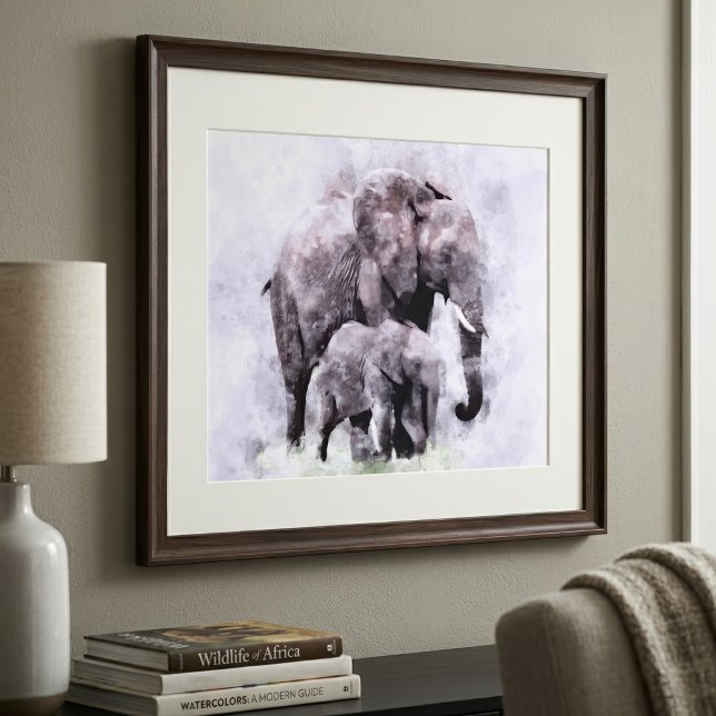 Afrikansk elefanthona med kalv Akvarell Fototryck (Female African Elephant with Calf Watercolor. Photo Print )