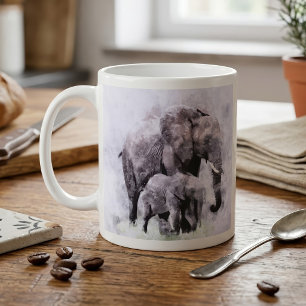 Afrikansk elefanthona med kalv Akvarell Kaffemugg