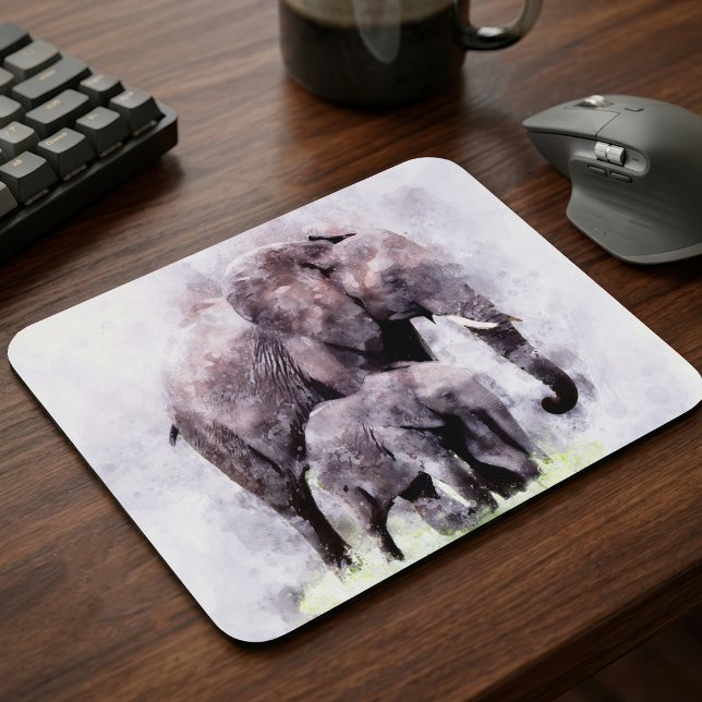 Afrikansk elefanthona med kalv Akvarell Musmatta (Female African Elephant with Calf Watercolor. Mouse Pad)