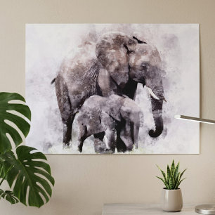 Afrikansk elefanthona med kalv Akvarell Poster