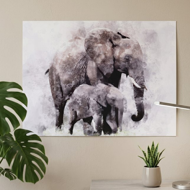 Afrikansk elefanthona med kalv Akvarell Poster (Female African Elephant with Calf Watercolor. Poster)