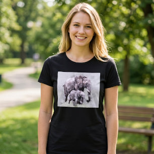 Afrikansk Elefanthona med Kalv Akvarell T Shirt