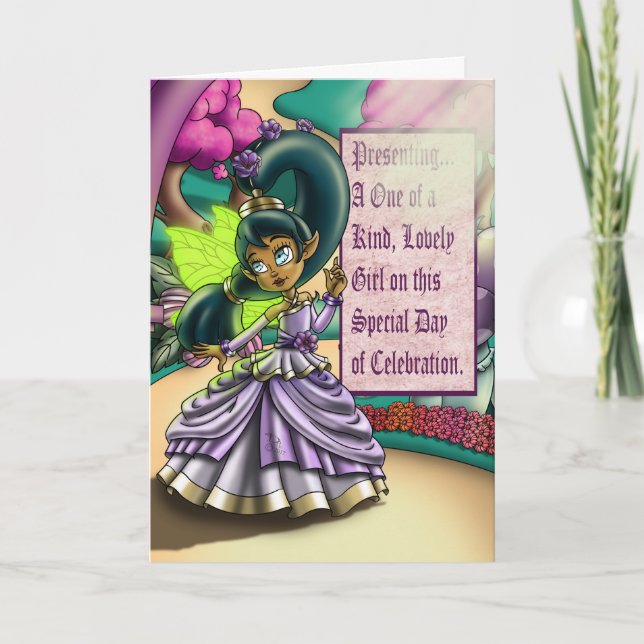 Afrikansk Fairy and Lila Flower Birthday Kort (Framsida)