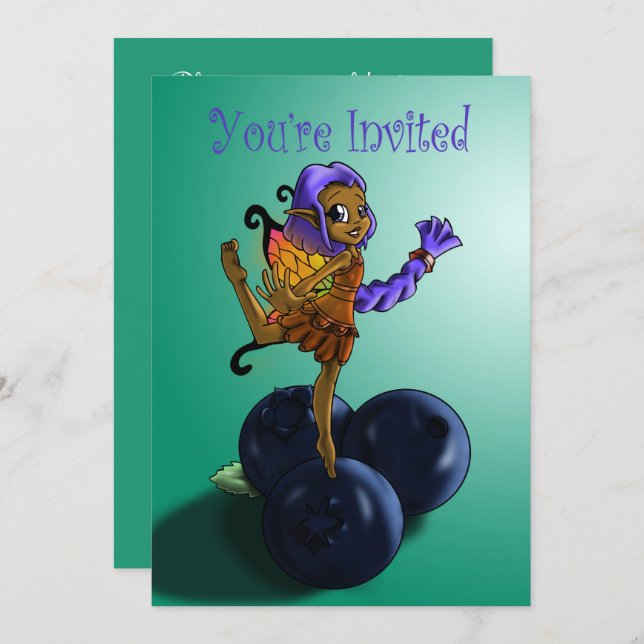 Afrikansk Fairy och Blueberry Birthday Inbjudningar (Fram/baksida)