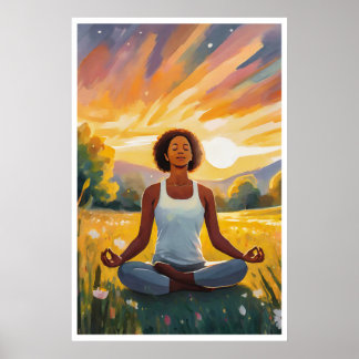 Afrikansk fält Yoga vid solnedgången Poster