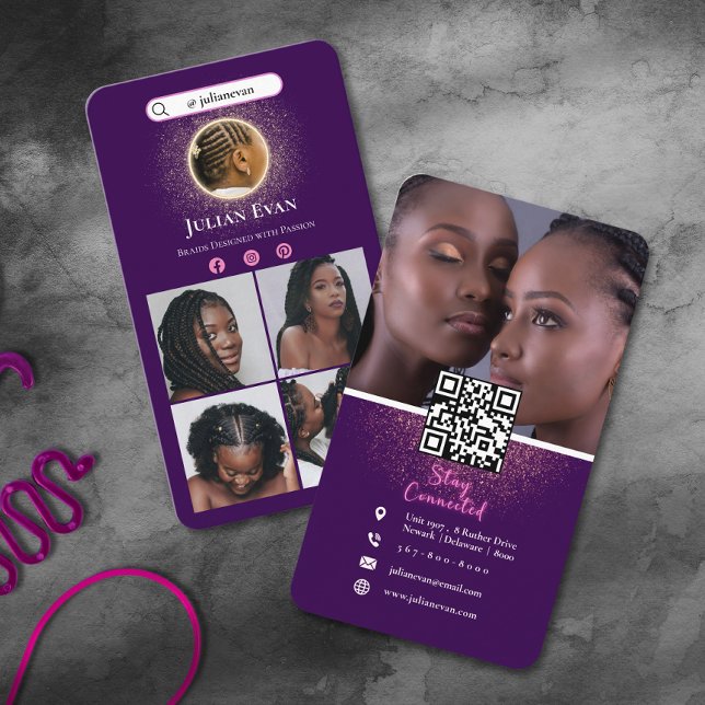 Afrikansk flätfrisör Lila & Glitter Guld Visitkort (African Braid Hairstylist Purple & Glitter Gold Business Card )