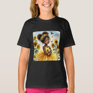 Afrikansk flicka med solblommor och teddy t shirt