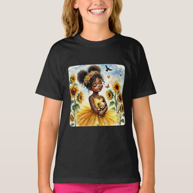 Afrikansk flicka med solblommor och teddy t shirt (Framsida)