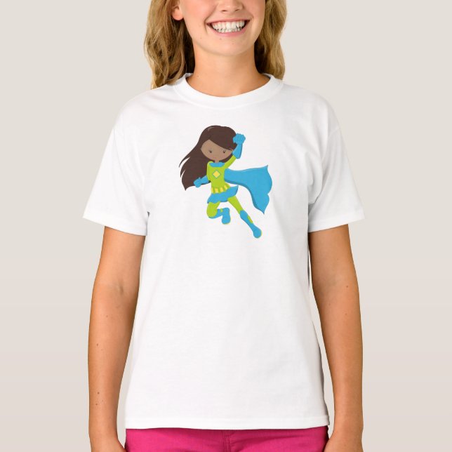 Afrikansk flicka, superhjälte Girl, Blue Cape T Shirt (Framsida)