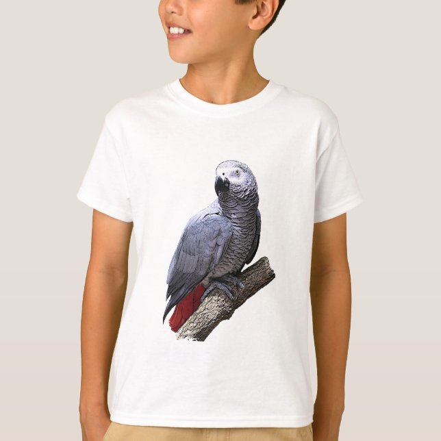 Afrikansk grå färgpapegoja på gren tee shirt (Framsida)