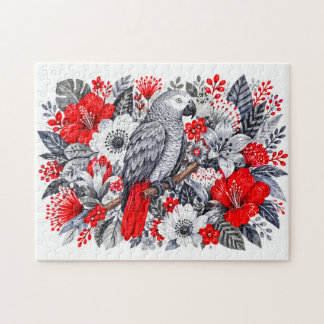 Afrikansk grå papegoja Röd hibiskus Botanisk Illus Pussel