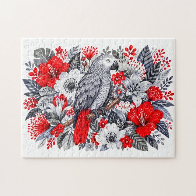 Afrikansk grå papegoja Röd hibiskus Botanisk Illus Pussel (Horisontell)