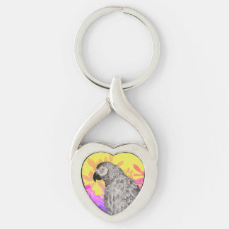 Afrikansk grå papegoja  twisted heart silverfärgad nyckelring