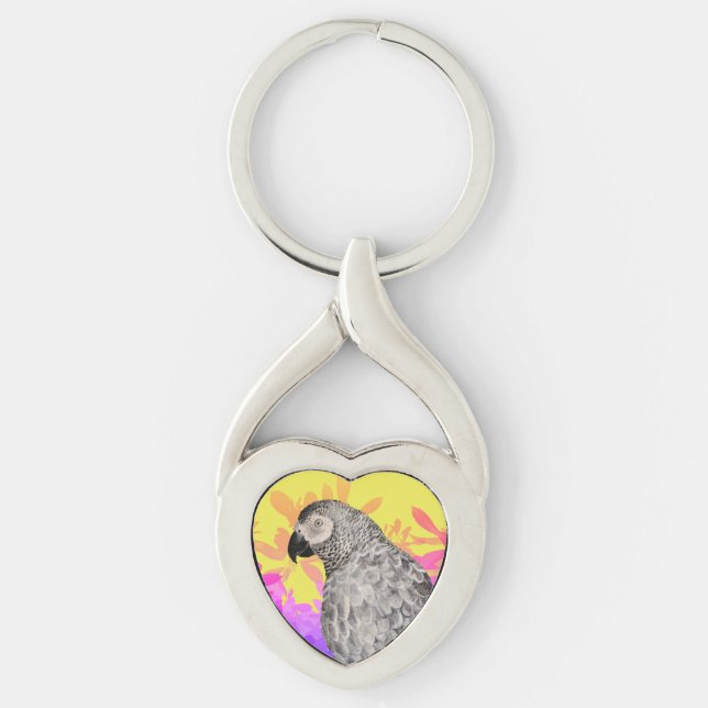 Afrikansk grå papegoja  twisted heart silverfärgad nyckelring (Framsidan)