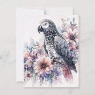 Afrikansk Grått med Wildblommor Watercolor Art Vykort