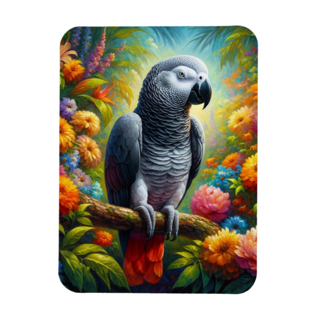Afrikansk Grått Parrot med färgblommor flexibel Magnet (Vertikal)