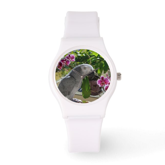 Afrikansk Grått Parrot med Orchids Armbandsur (Framsida)