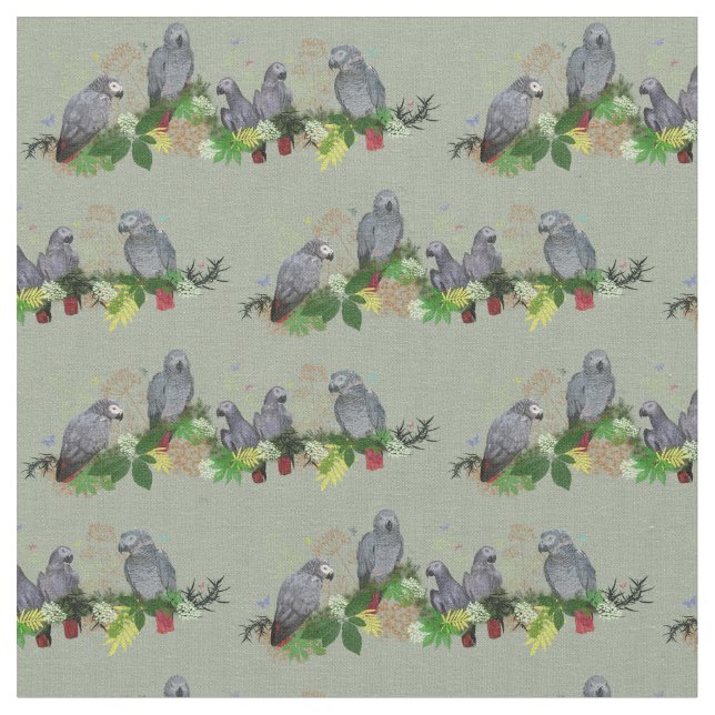 Afrikansk Grått Parrot Party Fabric (Khaki) Tyg (Närbild)