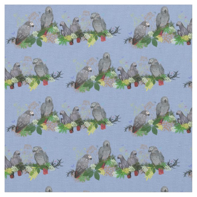 Afrikansk Grått Parrot Party Fabric (ljusblå) Tyg (Närbild)
