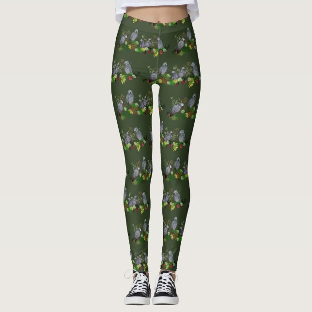 Afrikansk Grått Parrot Party Leggings (Mörk grönt) (Framsida)