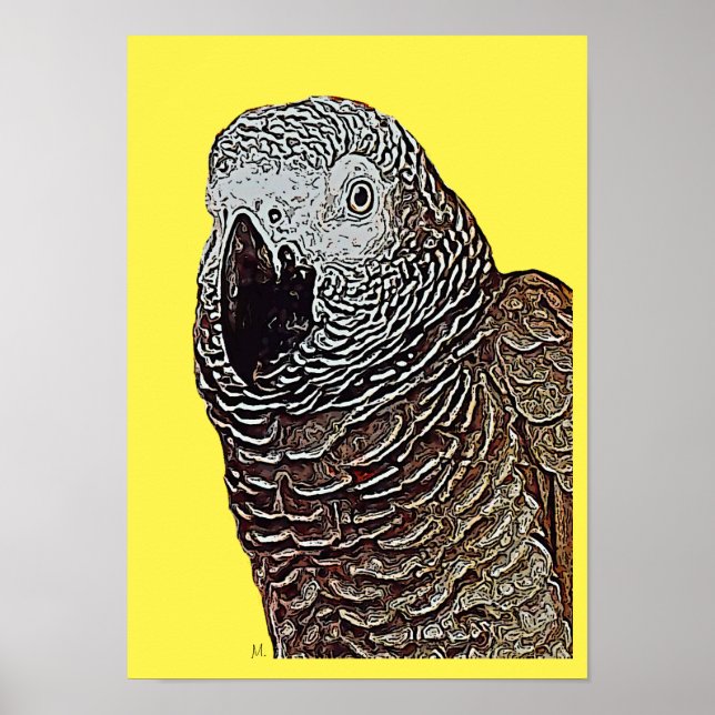 Afrikansk Grått Parrot Pop Art Poster (Gult) (Framsidan)