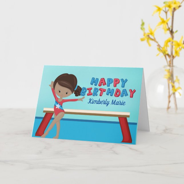 Afrikansk Gymnast Girl Gymnastics Birthday Kort (Gul blomma)