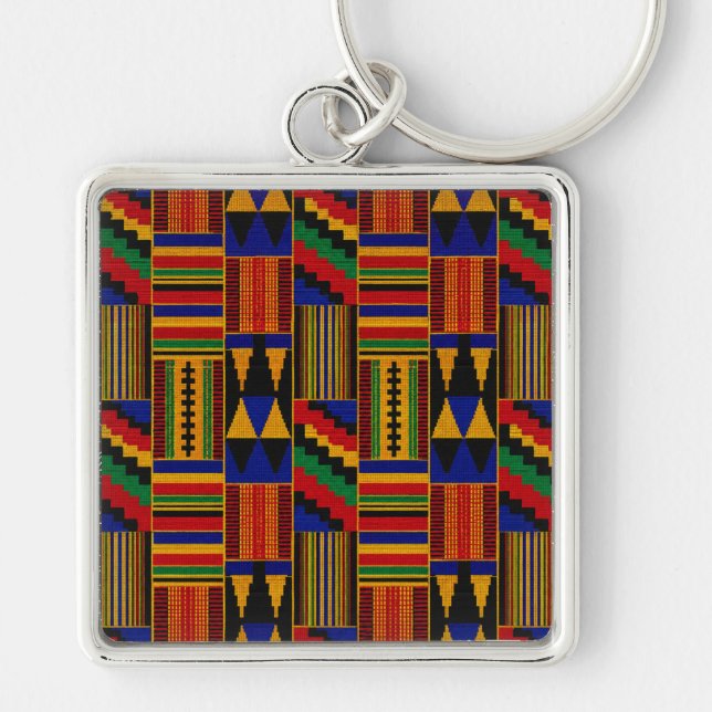 Afrikansk Kente Tyg Fyrkantig Silverfärgad Nyckelring (Framsidan)